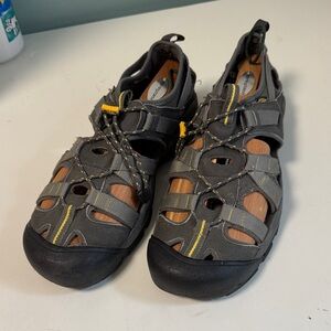 Keen Black and Gray Sandals with Yellow Logo